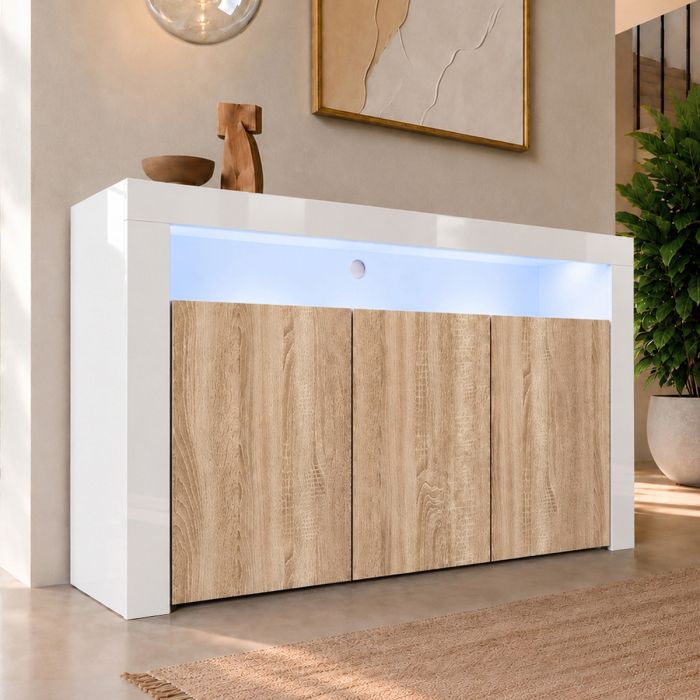 Dressoir model Aker - Glans wit met mat sonoma