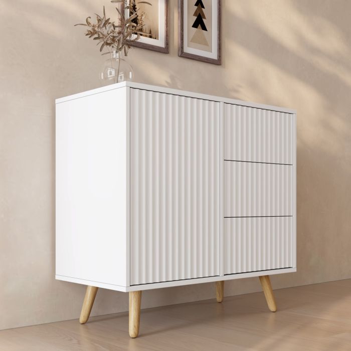 Geribbeld Dressoir Renzo M met 1 Deur en Laden - Wit