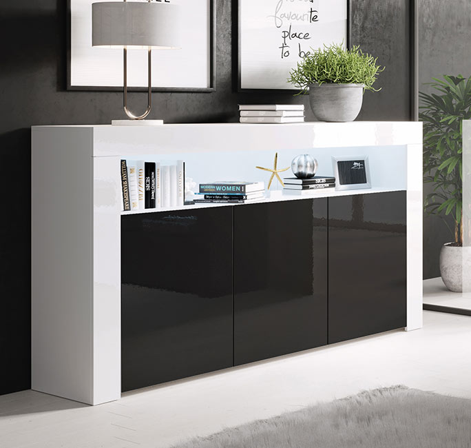 Dressoir model Aker - Wit met zwart glanzend
