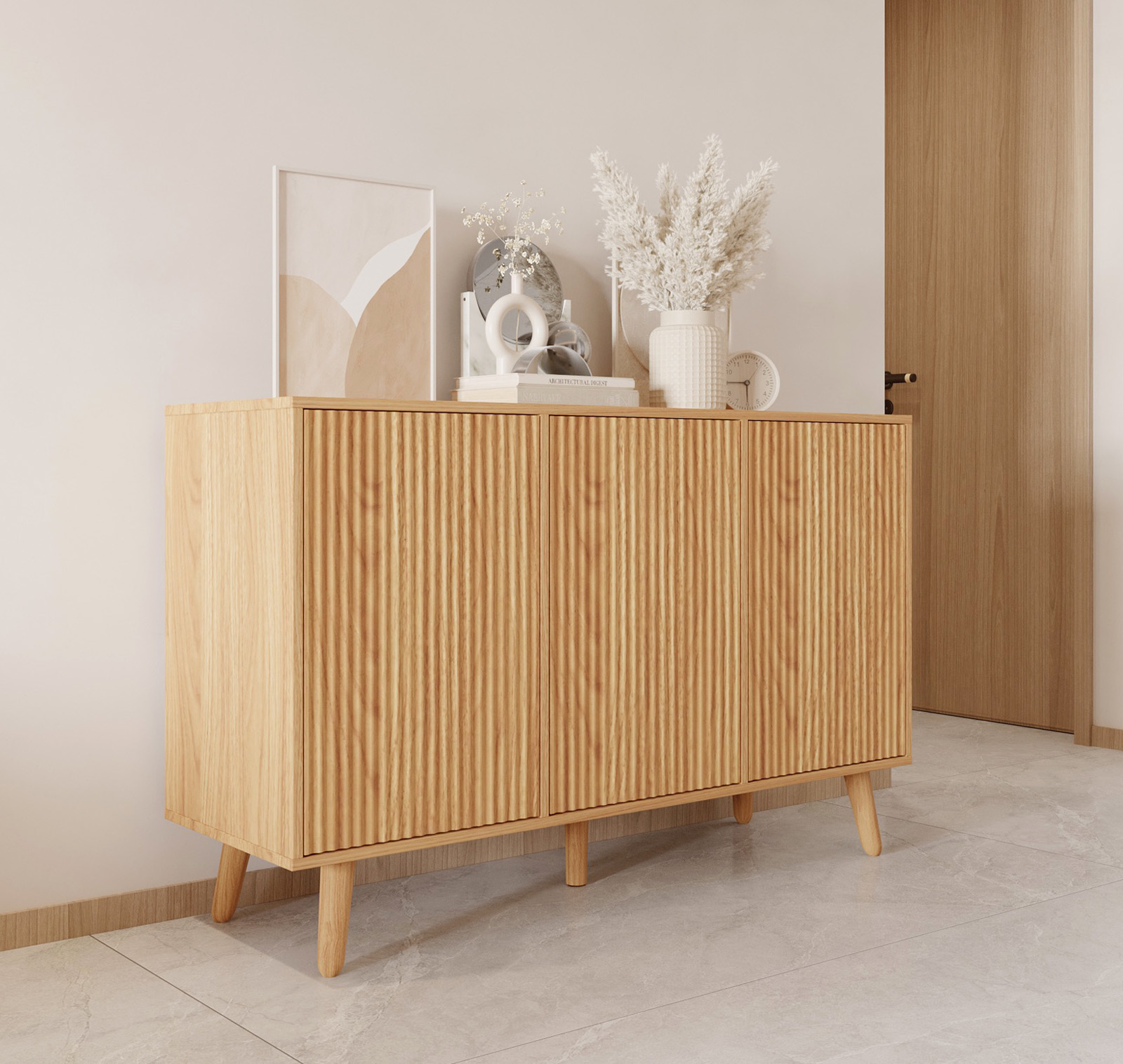 Dressoir kleur Eiken Alba 120 cm met geribbelde deuren Renzo